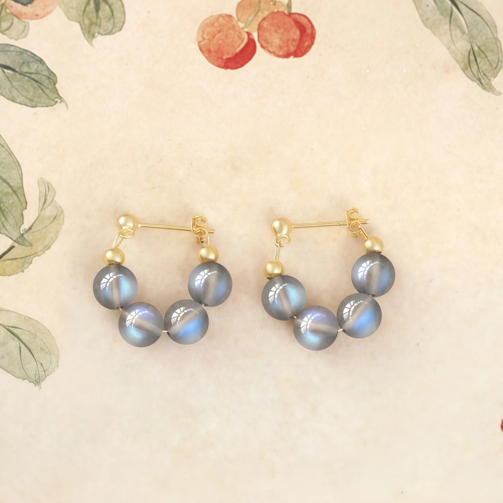 Natural Grey Moonstone Beaded Hoop Earrings - Calm & Intuition