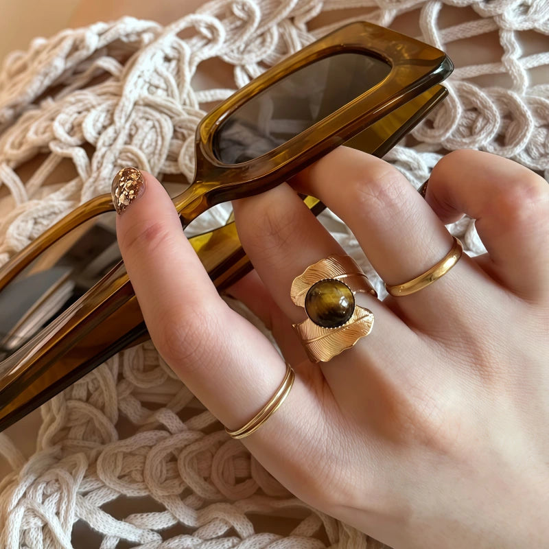Natural Tiger Eye Stone Ring, Retro French Feather Antique Style Ring