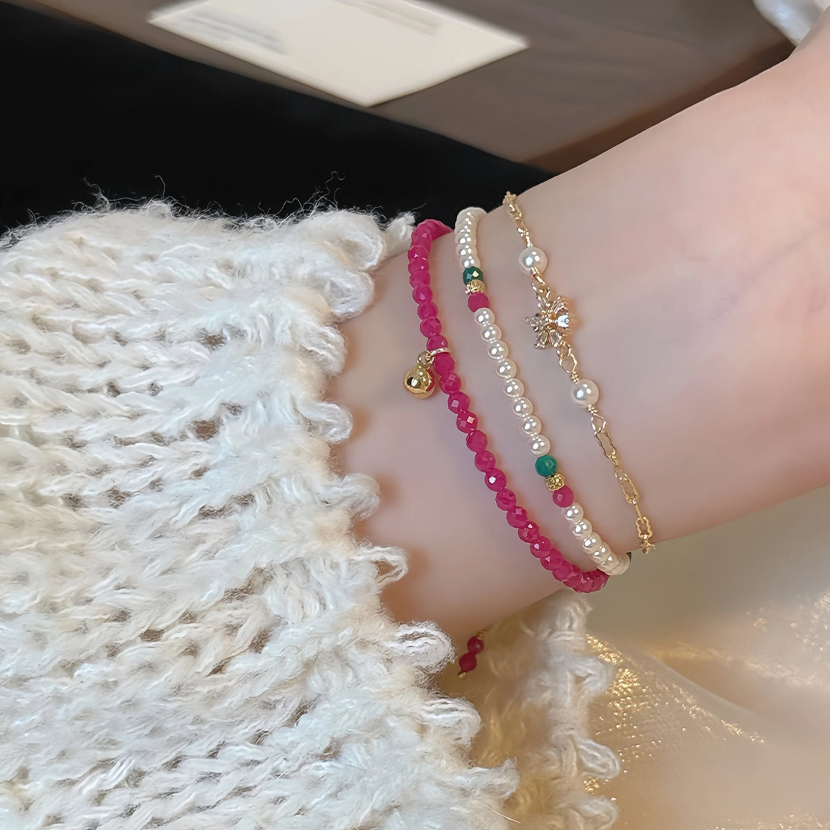Natural Red Tourmaline & Pearl Stackable Bracelet - Unleash Passion & Soft Elegance