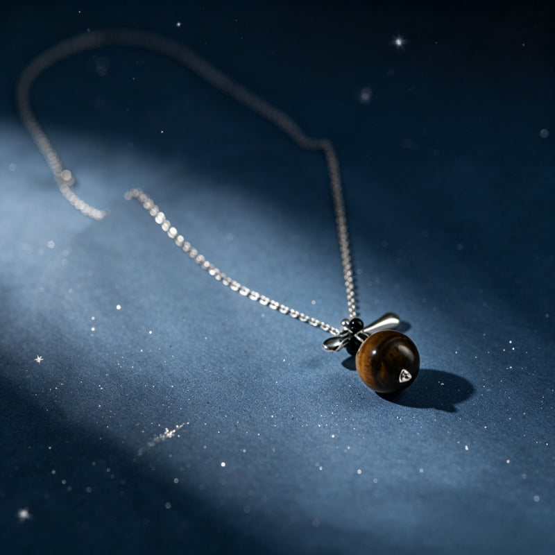 Natural Tiger Eye Stone Necklace, Floating Planet - Steady Career & Prosperous Life