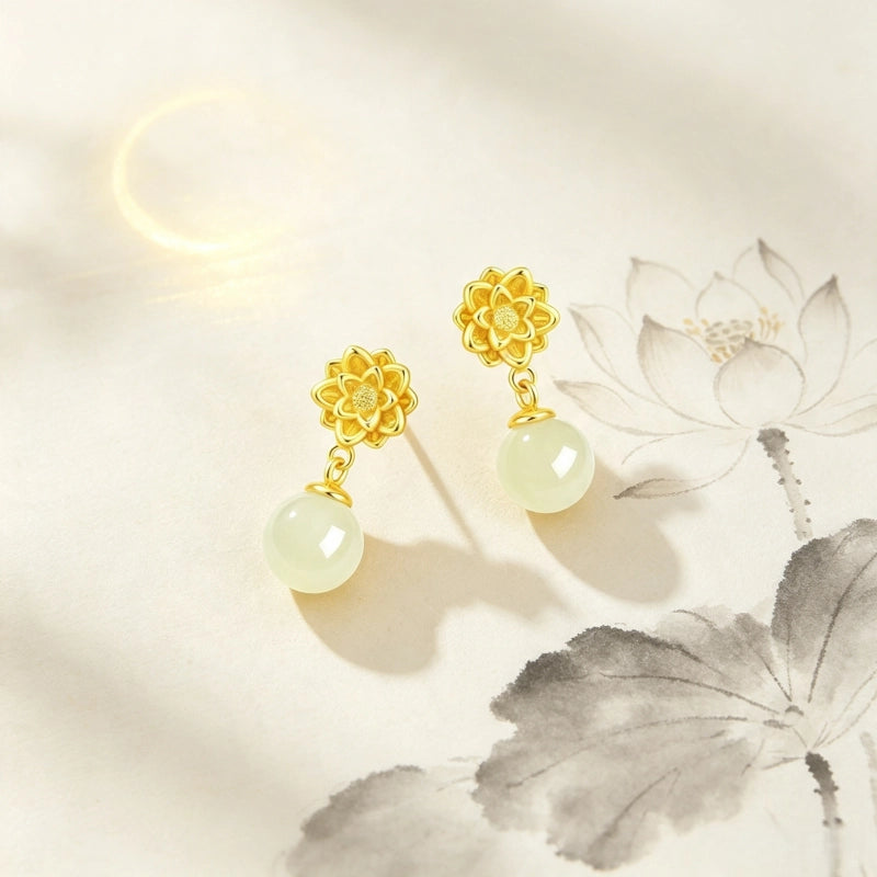 Boucles d'oreilles en jade Hetian Lotus « Good Things Ahead » – Soyez le gardien fleuri de Maman