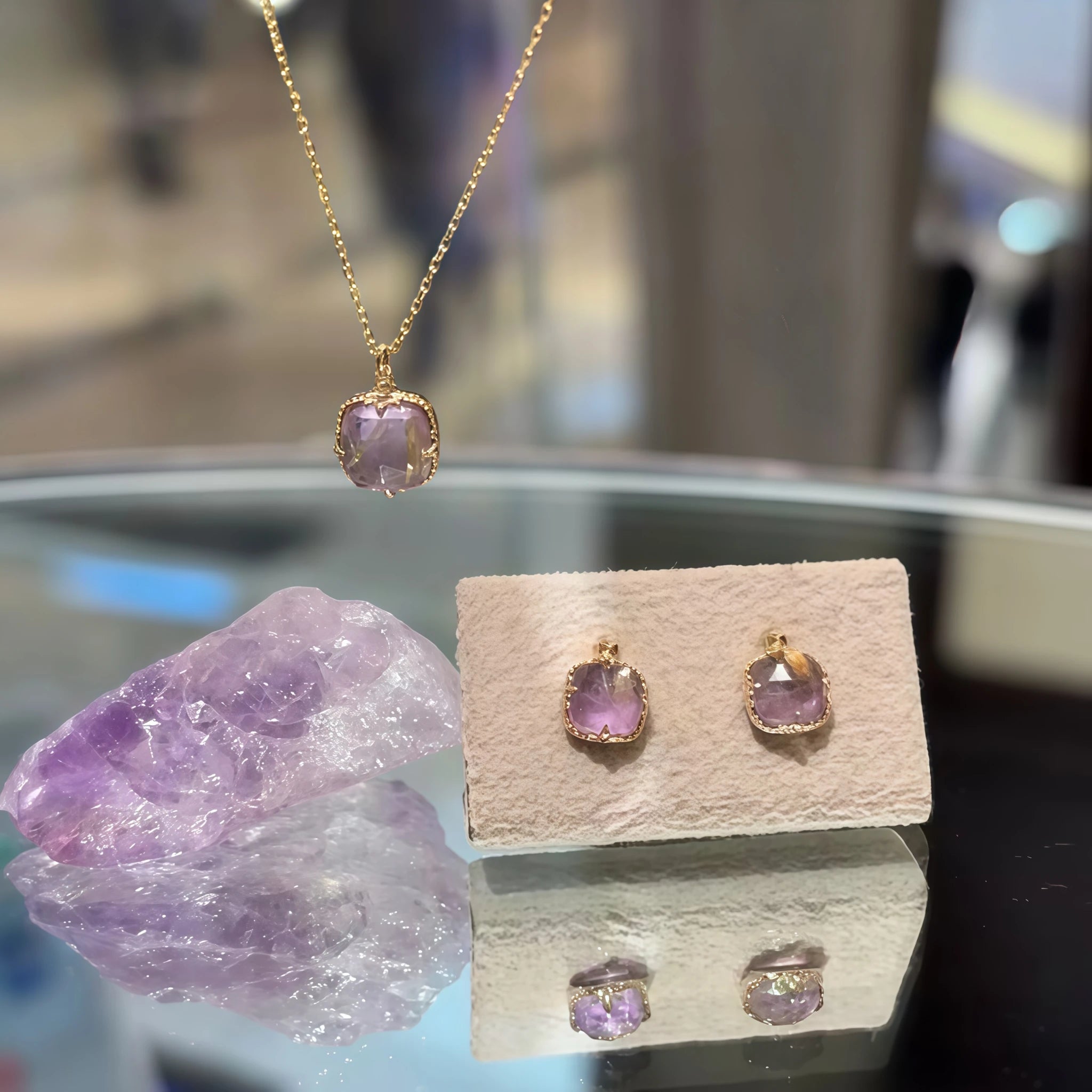 Faceted Square Rutilated Quartz & Amethyst Rose Gold Gift Box Set - Strengthen Personal Aura