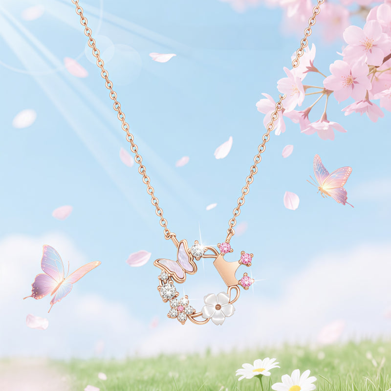 Rose Gold Crown Butterfly Necklace/Bracelet Jewelry Set - Joy and Good Fortune