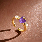 Bague ouverte personnalisée en améthyste naturelle et perle