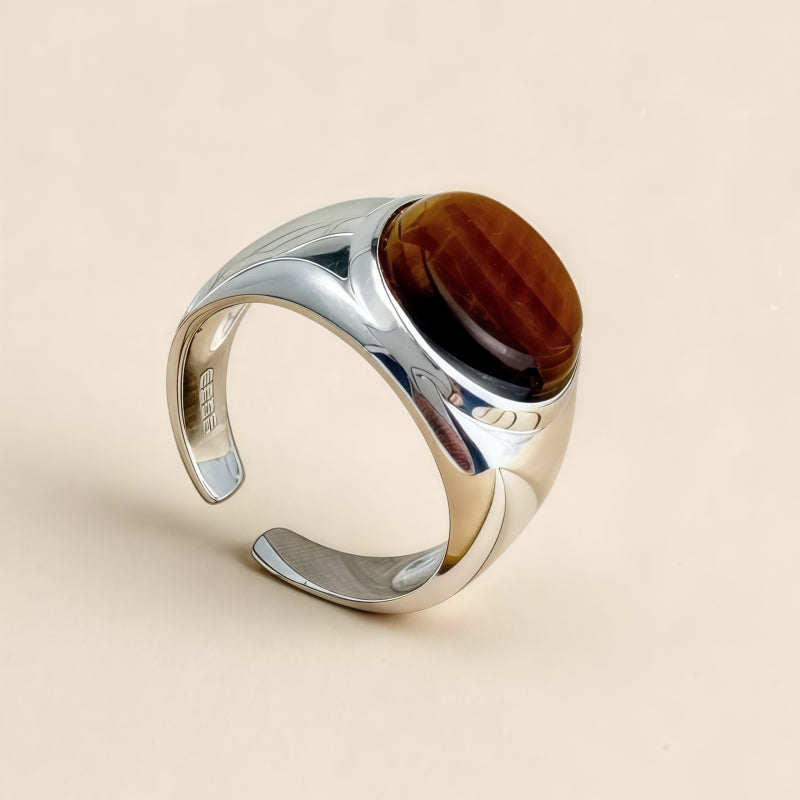 Natural Tiger Eye Stone Ring, Retro Artistic Open Mouth Women's Ring
