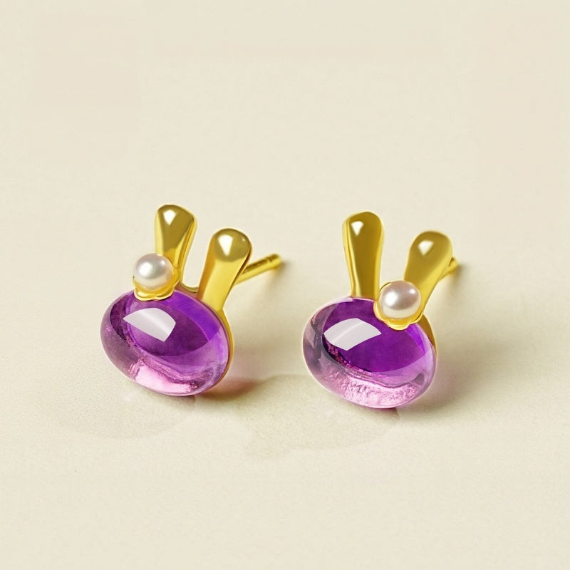 Golden Bunny Amethyst Earrings - Banishes Negative Energy