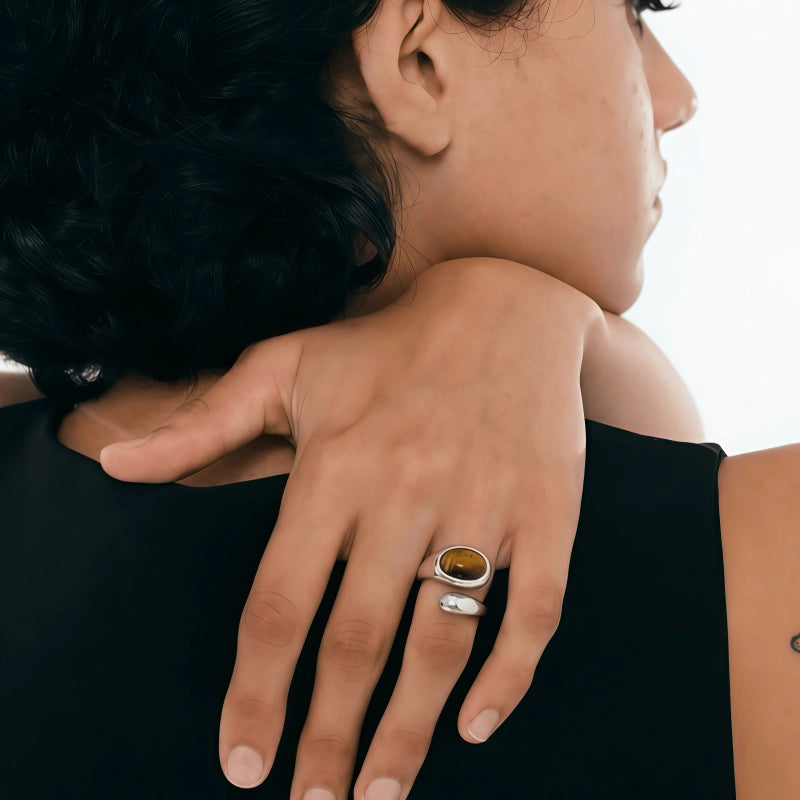 Bague en pierre naturelle Œil de tigre, Bague femme serpentine simple ouverte