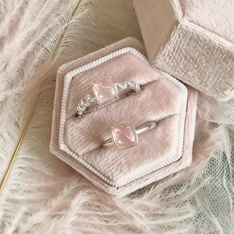 Square Pink Rose Quartz Open Ring