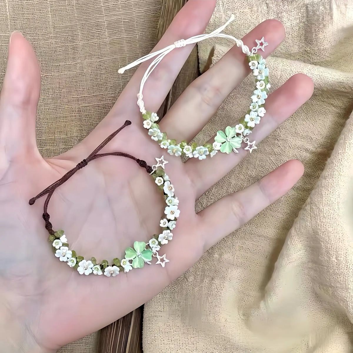 Natural Peridot Four-Leaf Clover Braided Bracelet - For Lucky Vibes