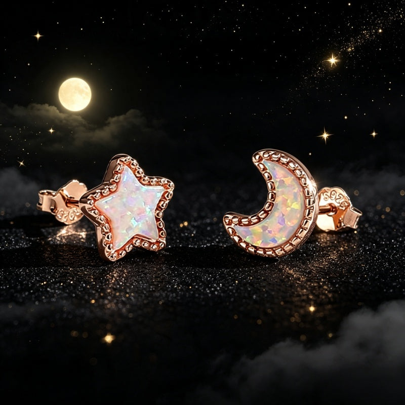 Moon Star Opal Rose Gold Earrings - Positive Energy Chase Negativity