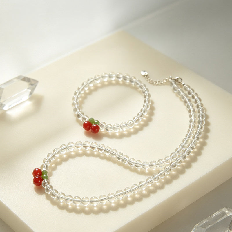 Natural White Crystal Cherry Bracelet Necklace Set – Soothe Emotions, Cleanse Aura