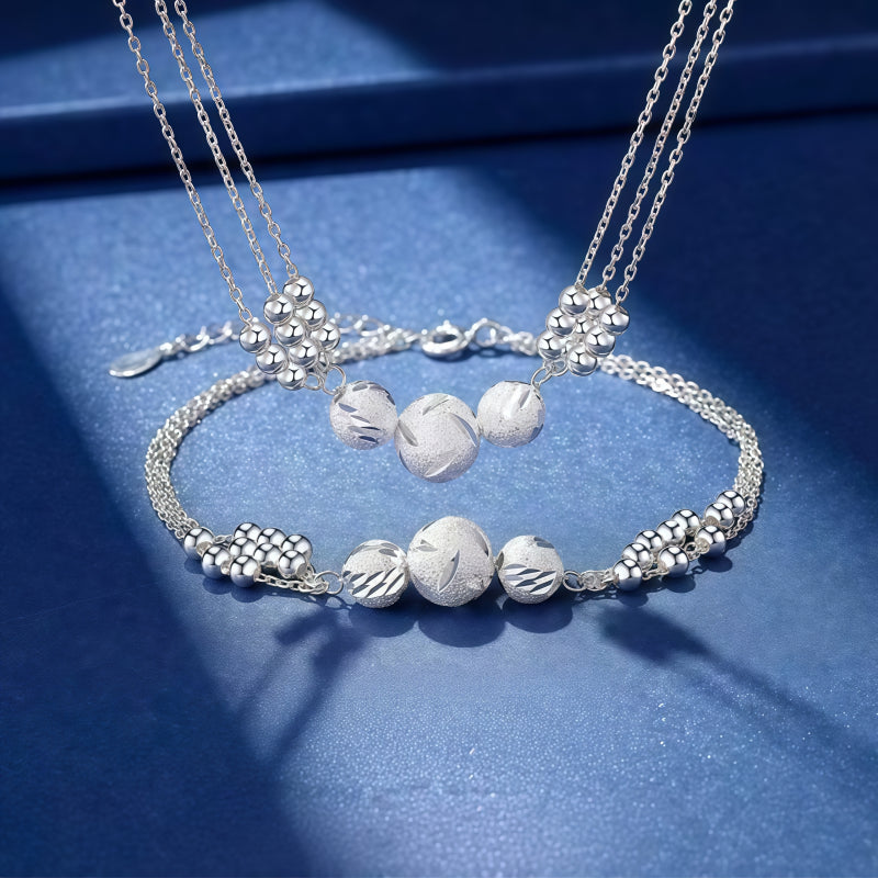 Ornate Carved S999 Ball Necklace/Bracelet/Earrings Jewelry Set, Gift for Friends