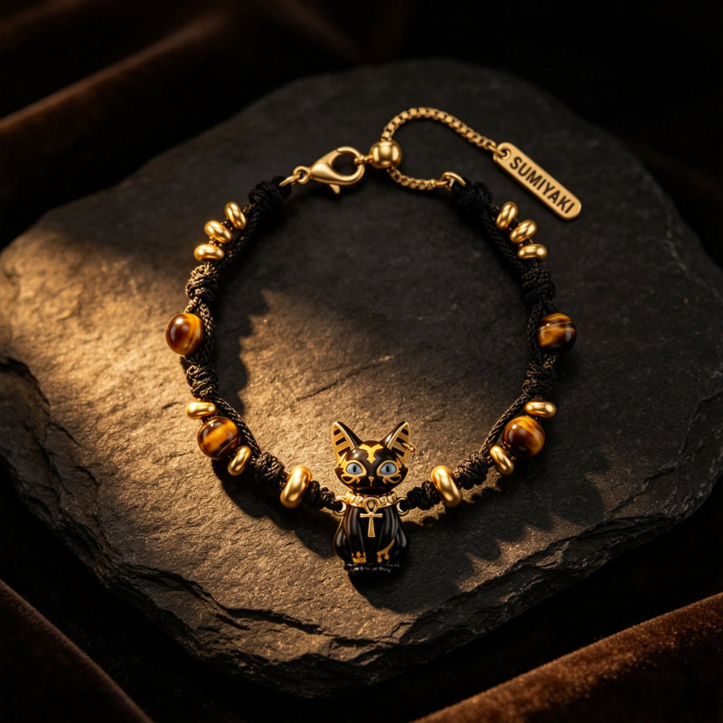 Natural Tiger Eye Stone Bracelet — Ancient Egyptian Bastet Guardian Black Cat Goddess