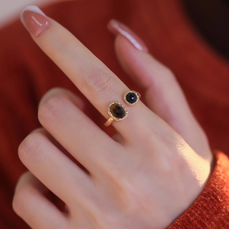 Natural Tiger Eye Stone Ring Retro Melad New Light Luxury Design Sense Courage Ring