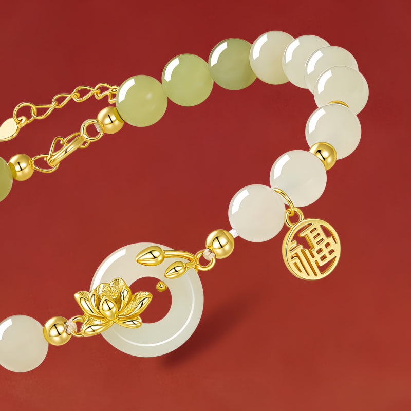 Natural Hetian Jade Lotus Peace Buckle Bracelet, Gift for Peace Wishes