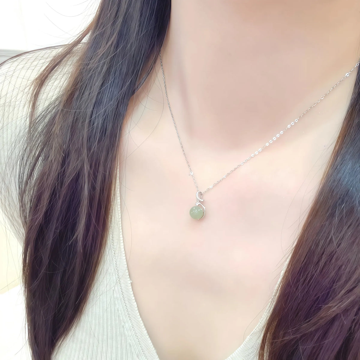 Elegant Hetian Jade Bead Silver Necklace - Calm & Protection