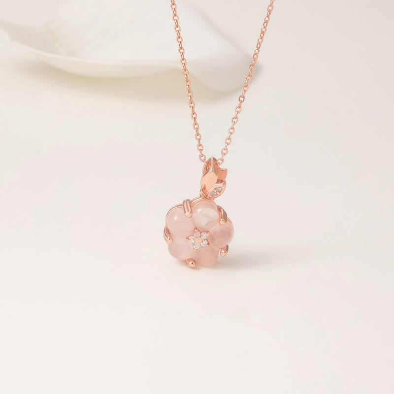 Natural Powder Crystal Necklace, Pure Silver Rose Gold Cherry Blossom Necklace