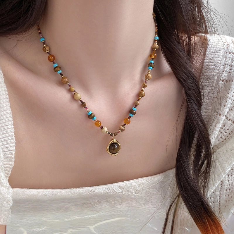 Collier en pierre naturelle œil de tigre, style bohème, essentiel pour les vacances et les cadeaux