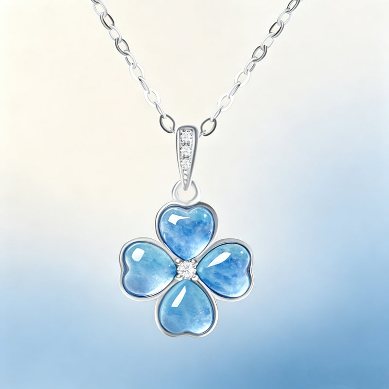 Pendentif Trèfle à quatre feuilles bleu en cristal naturel – Cadeau porte-bonheur pour elle / Maman