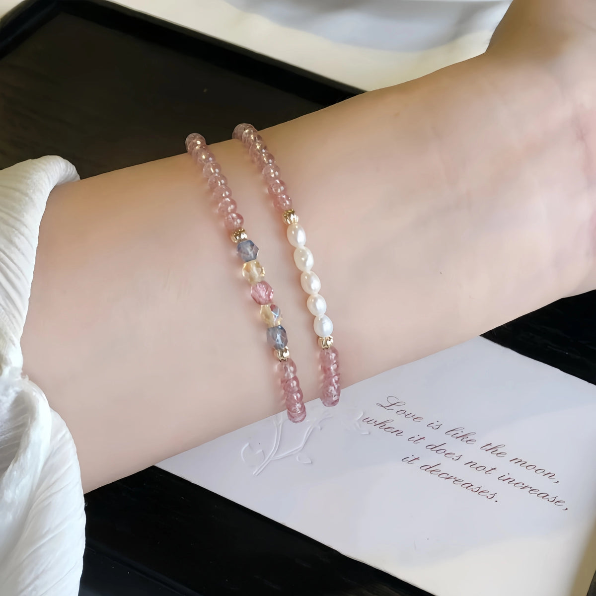 Strawberry Quartz & Pearl Stackable Bracelet - Sweet Loving Vibes
