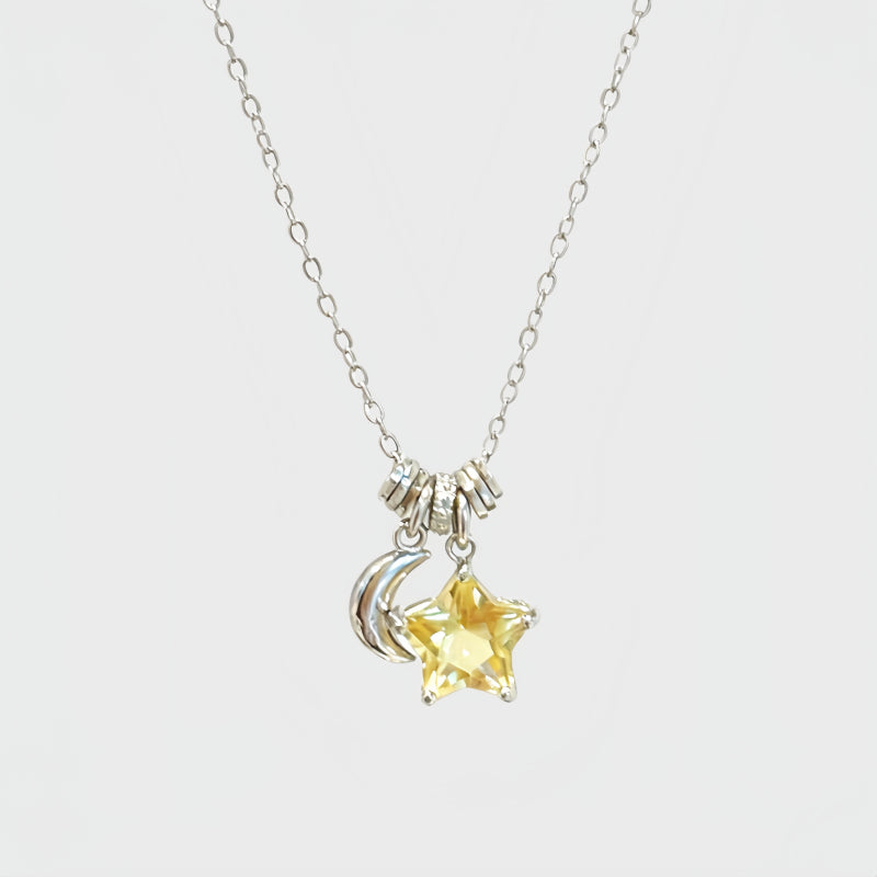 Moon&Star Natural Citrine/Clear Quartz Necklace - Attracts Wealth, Purifies Aura
