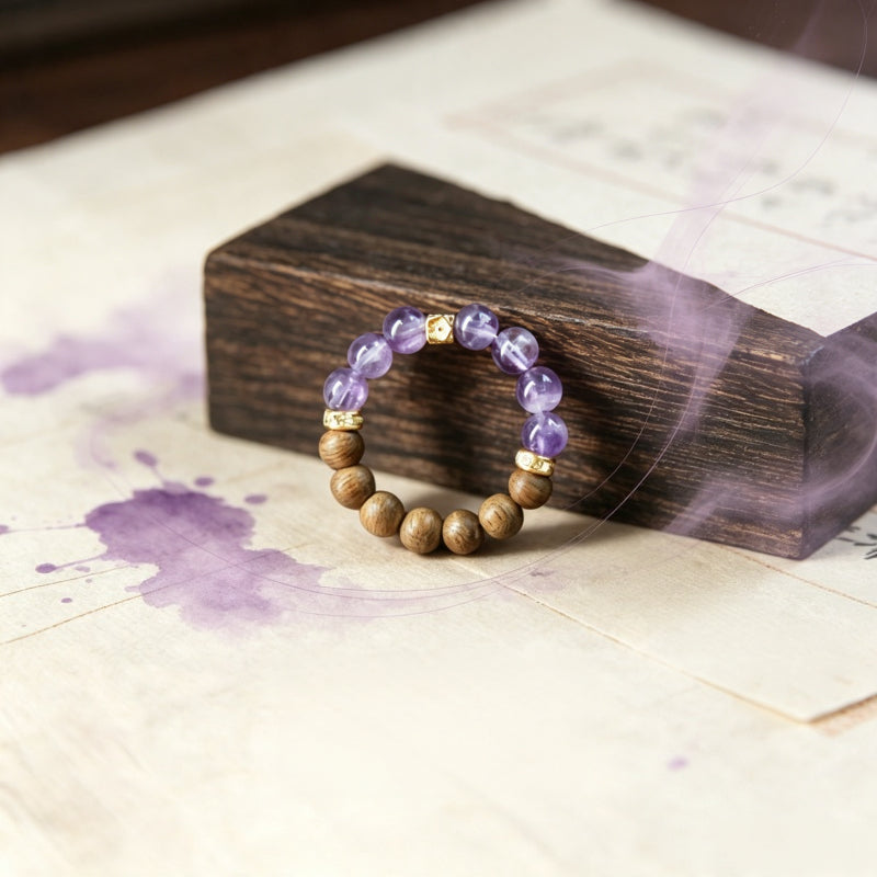 Natural Amethyst & Agarwood Ring - Wear Luck and Tranquility