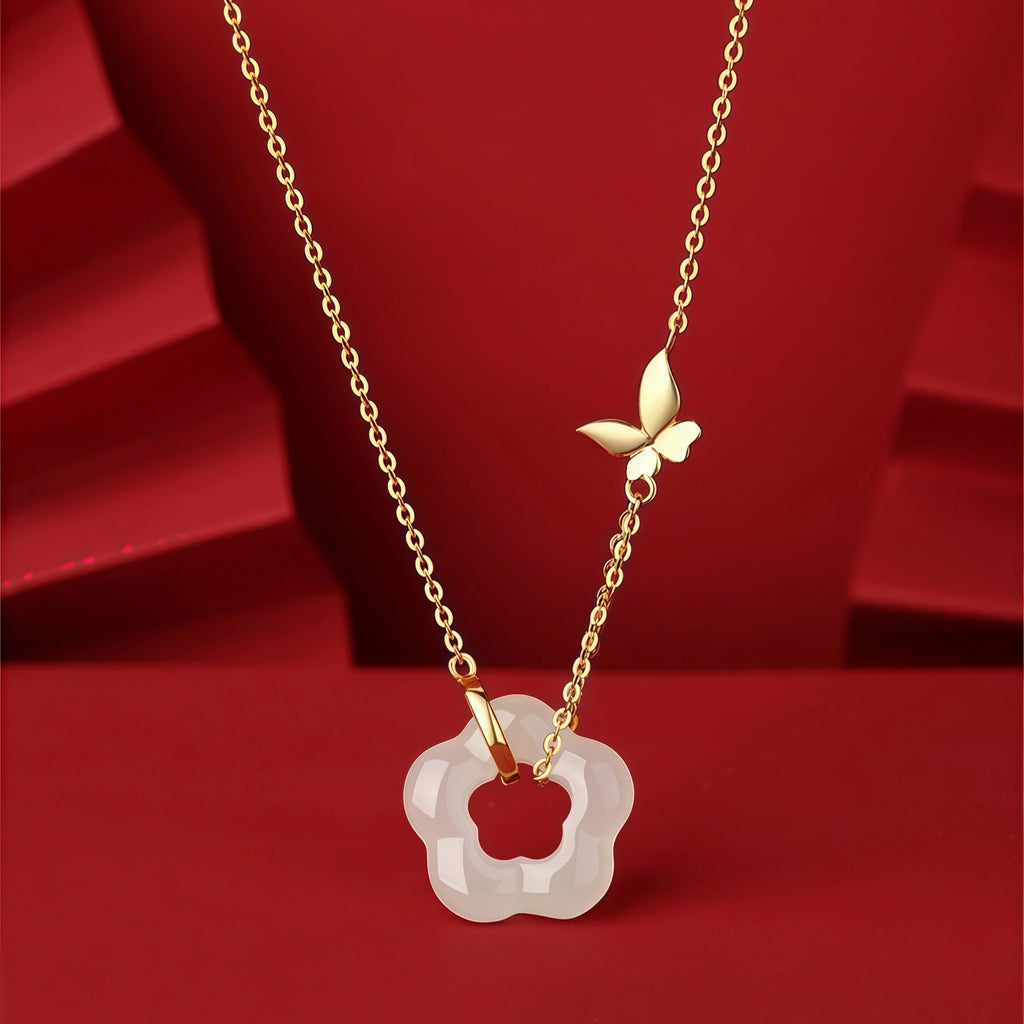 Butterfly Charm Hetian Jade Plum Blossom Necklace - Resilience & Safety