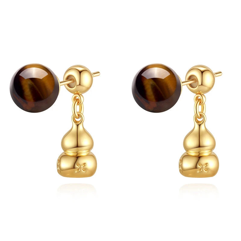 Boucles d'oreilles clous Gourde Dorée Oeil de Tigre — Bijoux Porte-Bonheur