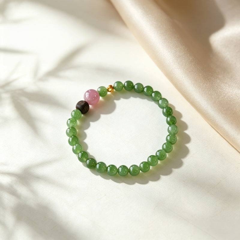 Natural Hetian Jade Bracelet - Pure Love Energy Rose Quartz Detail