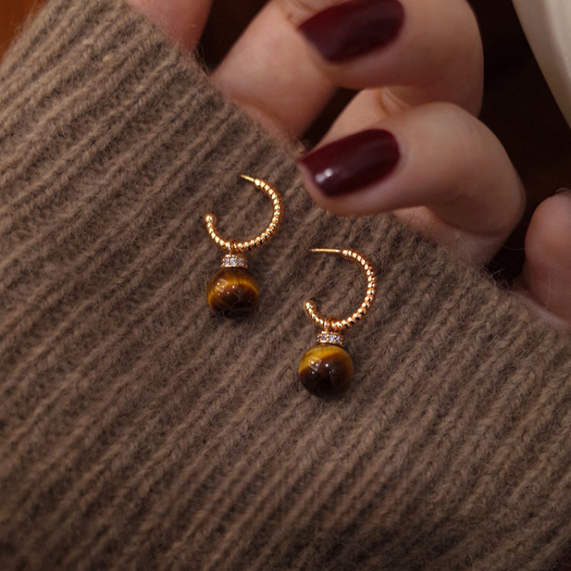 C-Shape Tiger Eye Two-Wear Earrings, Niche Vintage Maillard Crystal Jewelry for Wealth