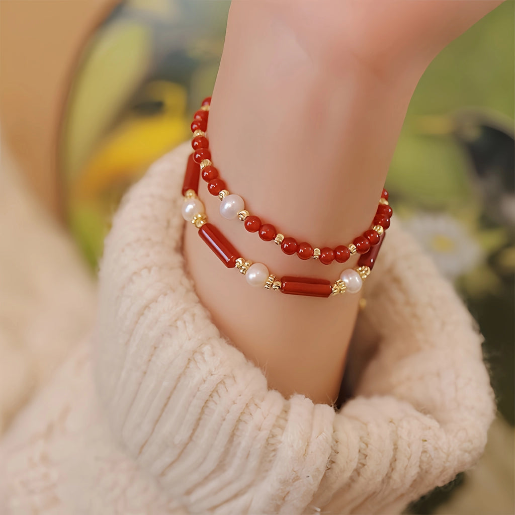 Red Agate & Pearl Stackable Bracelet with Bamboo Charm - Growth & Calm