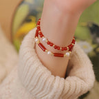 Red Agate & Pearl Stackable Bracelet with Bamboo Charm - Growth & Calm