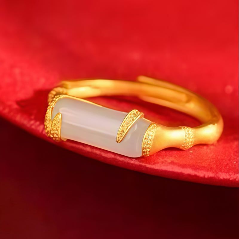 Bague Vintage en Bambou et Jade Hetian « Bénédiction » – Portez la Sérénité, Emportez la Chance