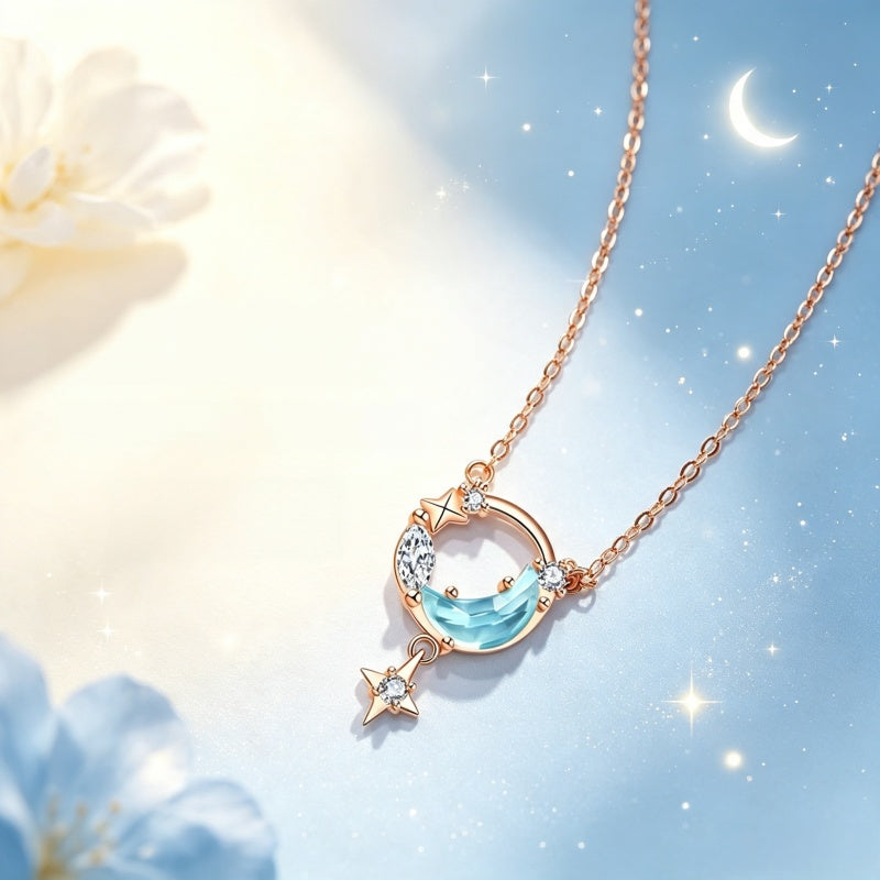 Mystic Blue Moon & Pure White Star Necklace - Gentle Wishes