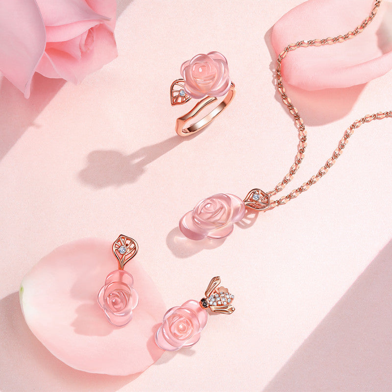 Natural Rose Quartz Necklace, Earrings & Ring Jewelry Set - guards sweet relationships