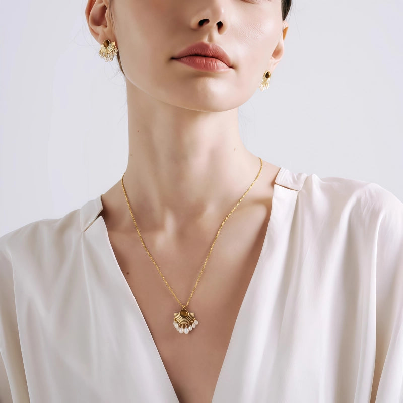 Collier en pierre œil de tigre naturelle Pendentif perle queue de paon - Succès professionnel