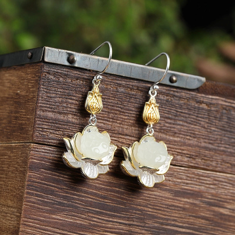 Boucles d'oreilles Lucky Lotus Pod en jade Hetian – Bijoux ethniques orientaux