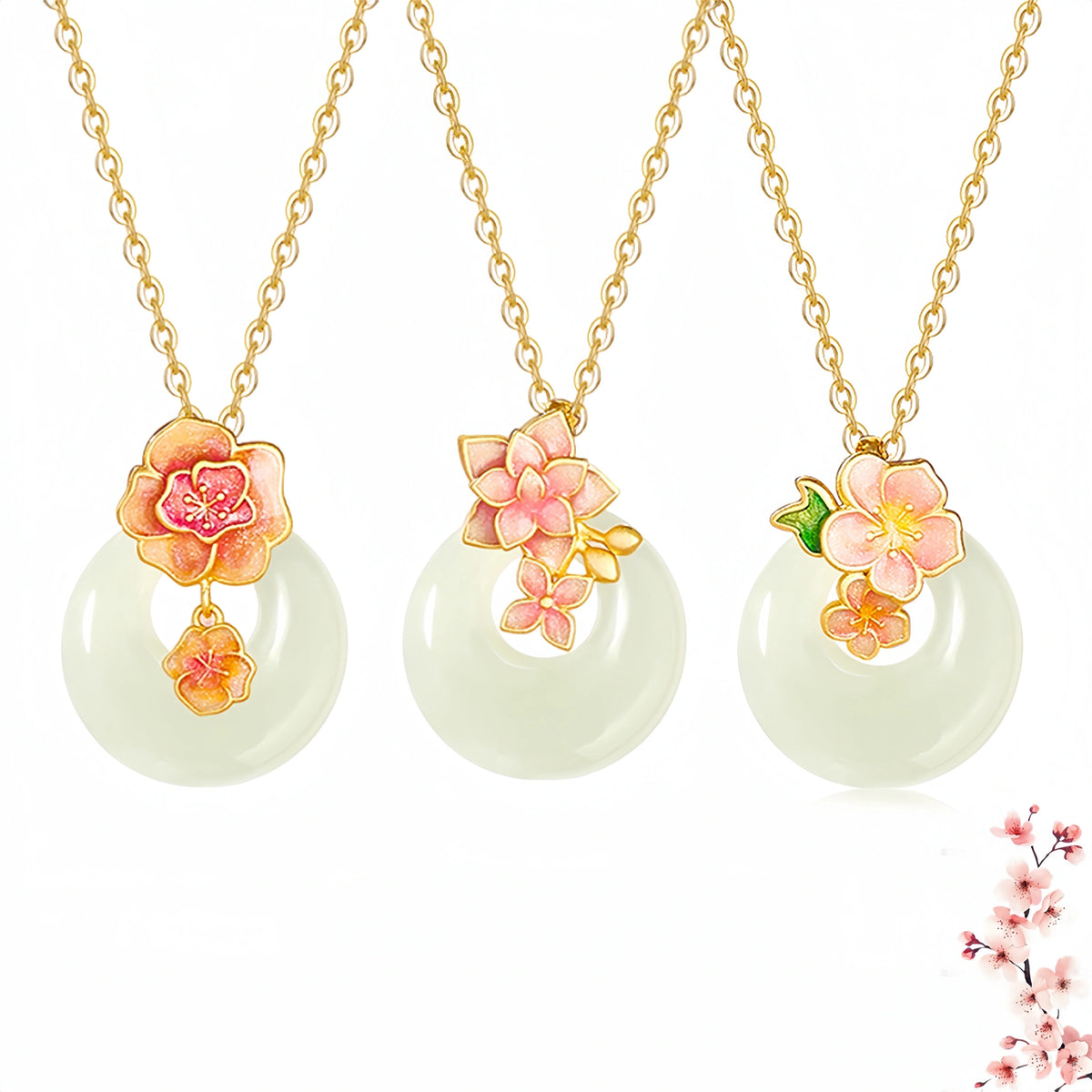 Hetian Jade Floral Donut Necklace - Peace Charm with Floral Motif