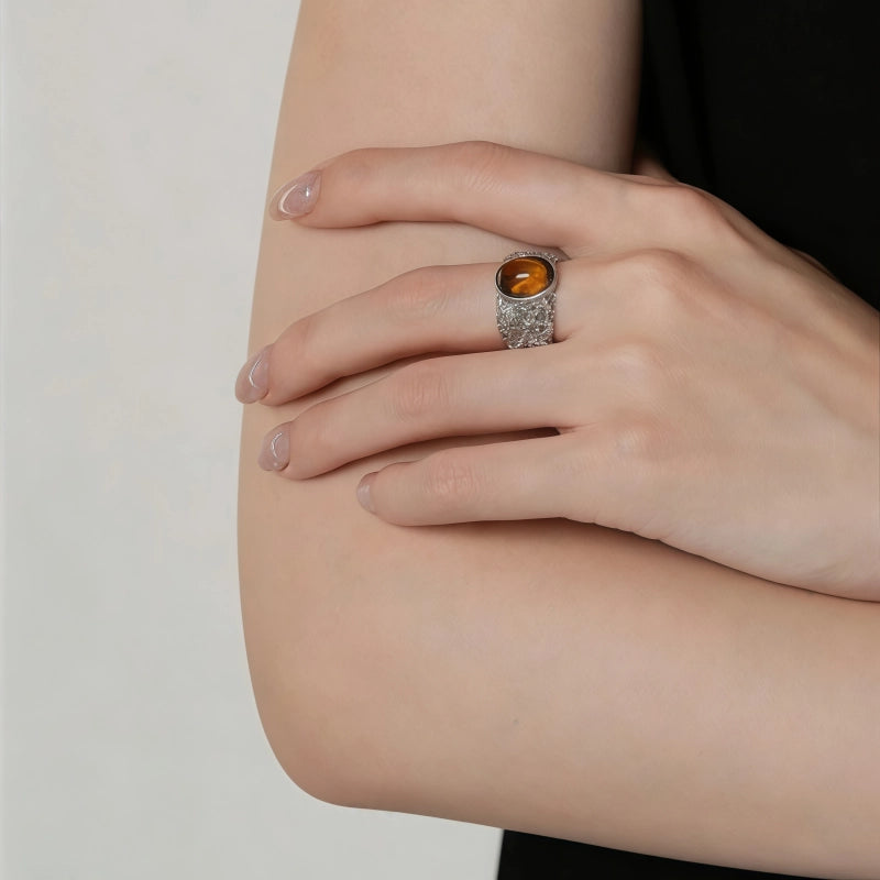 Bague Œil de Tigre Naturel S925 Creuse en Dentelle Niche Simple Haut de Gamme Tempérament Polyvalent Bague Femme