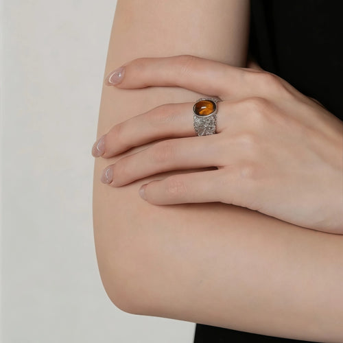Bague Œil de Tigre Naturel S925 Creuse en Dentelle Niche Simple Haut de Gamme Tempérament Polyvalent Bague Femme