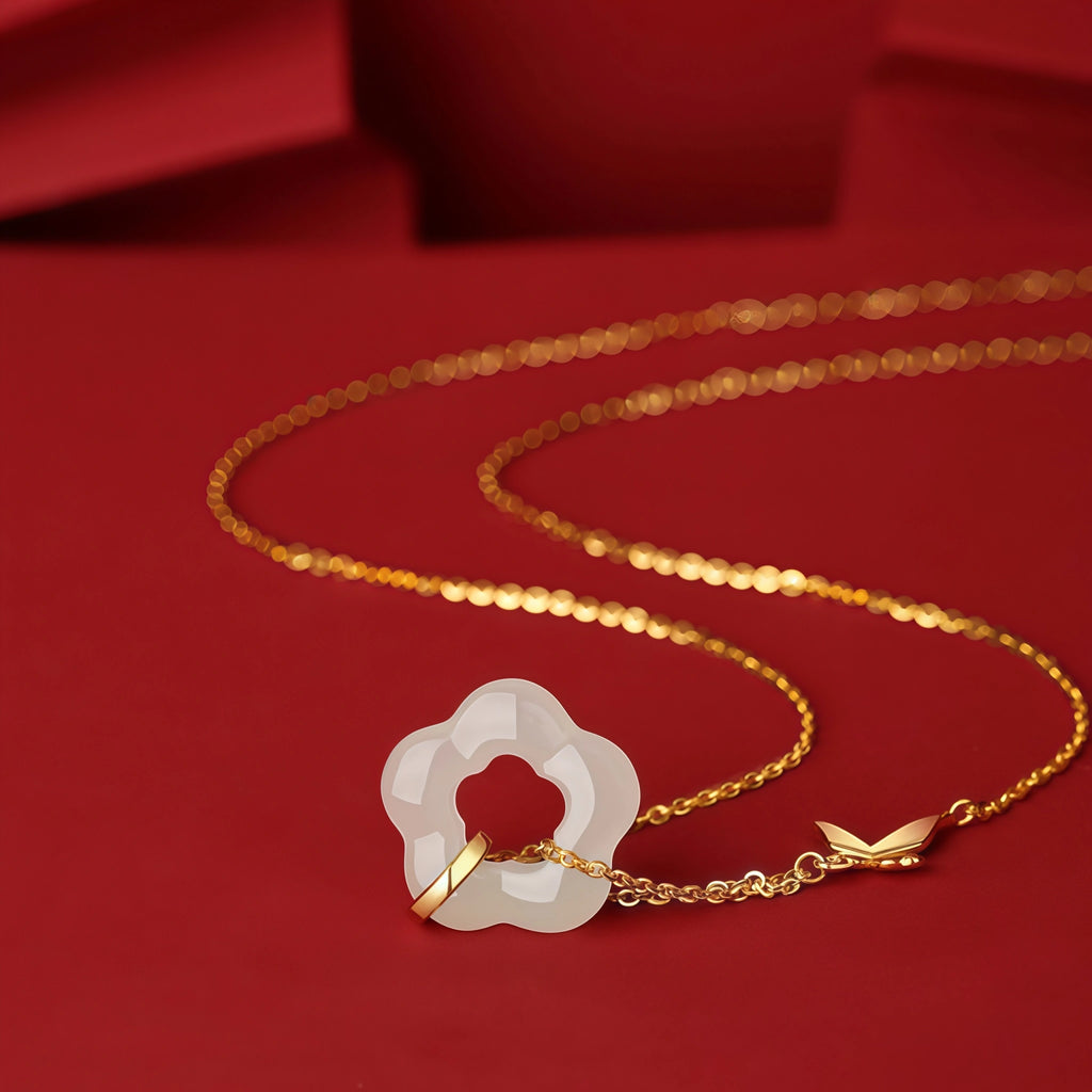 Butterfly Charm Hetian Jade Plum Blossom Necklace - Resilience & Safety