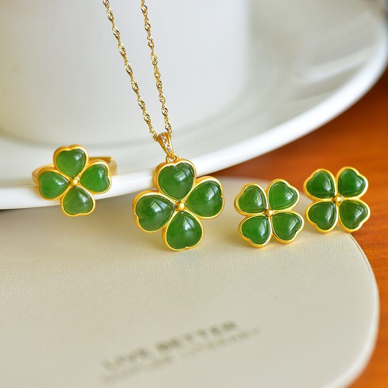 Four‑Leaf Clover Hetian Jade Necklace Earrings Ring Jewelry Set - Good Fortune & Beauty