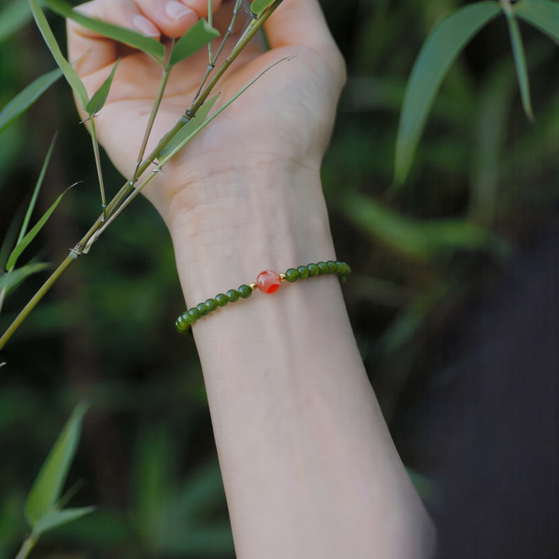 Hetian Green Jade & Ice Floating Southern Red Agate Bracelet – Soothes Emotions