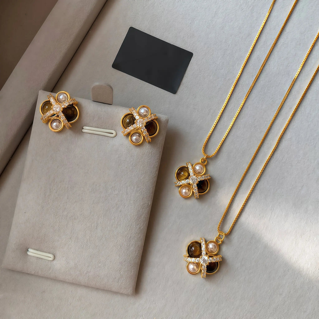 Vintage Star‑Cross Tiger's Eye Pearl Gold‑Plated Jewelry Set - Strength & Protection