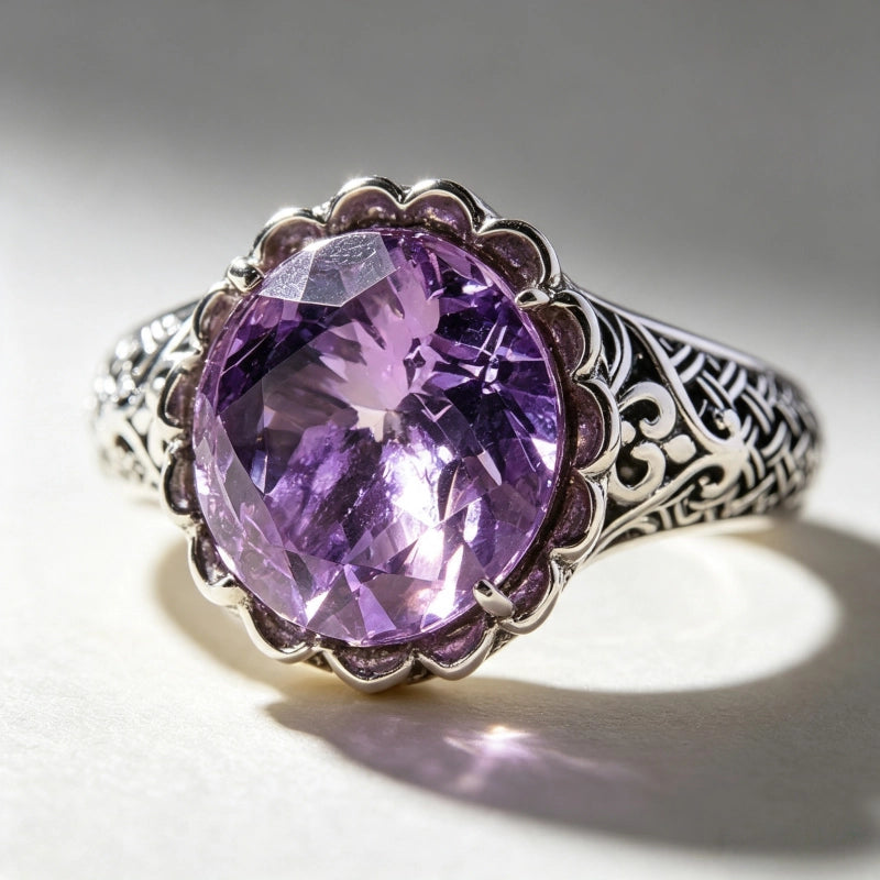 Bague Lotus en Améthyste Naturelle – Design Vintage en Argent Sterling 925