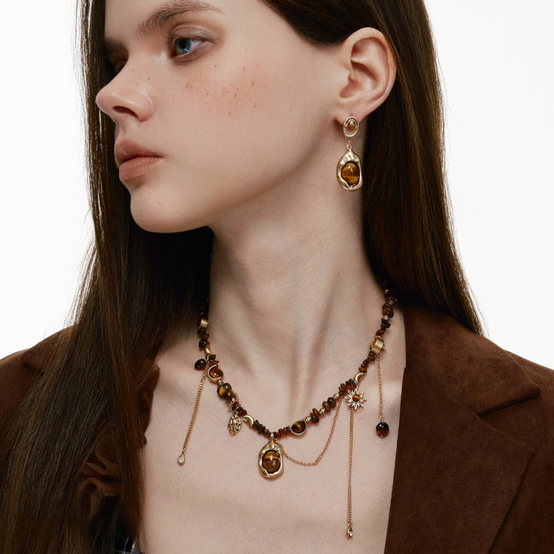 Natural Tiger Eye Stone Necklace — Maillard Vintage Fringe Choker Necklace