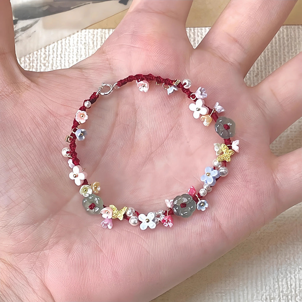 Red Flower & Butterfly Braided Bracelet - For Sweet Daily Style