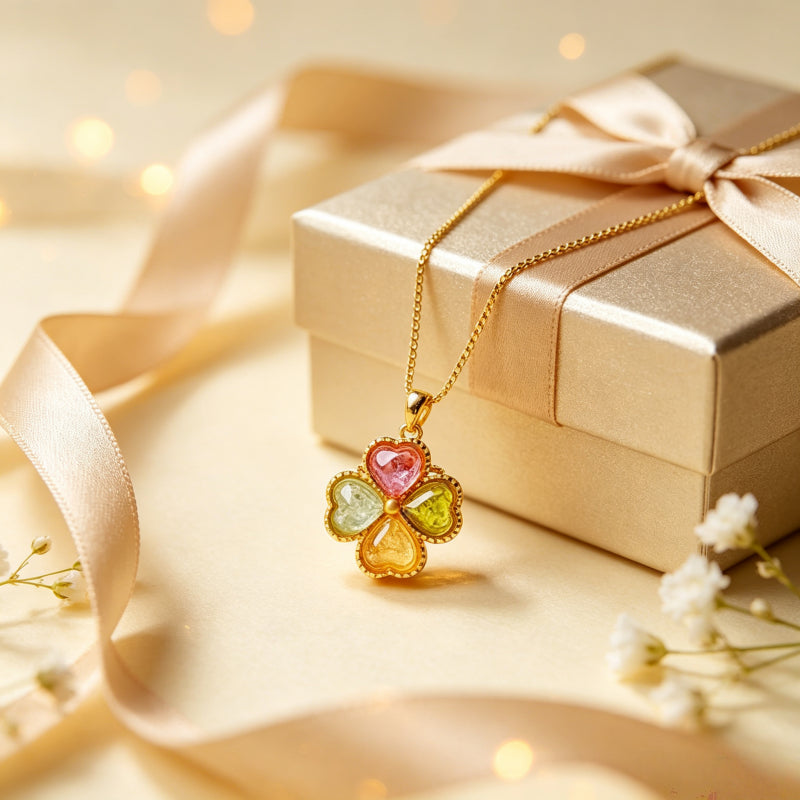 Collier trèfle à quatre feuilles et tourmaline multicolore – Cadeau d'anniversaire et de remise de diplôme pour meilleure amie