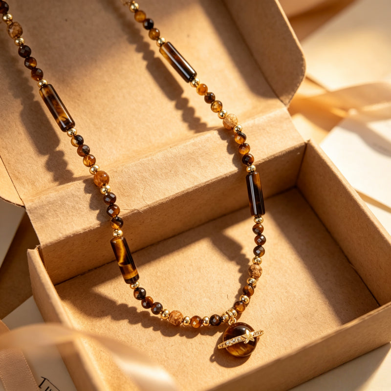 Natural Tiger Eye Stone Necklace, Cosmic Planet High-End Sense Chain