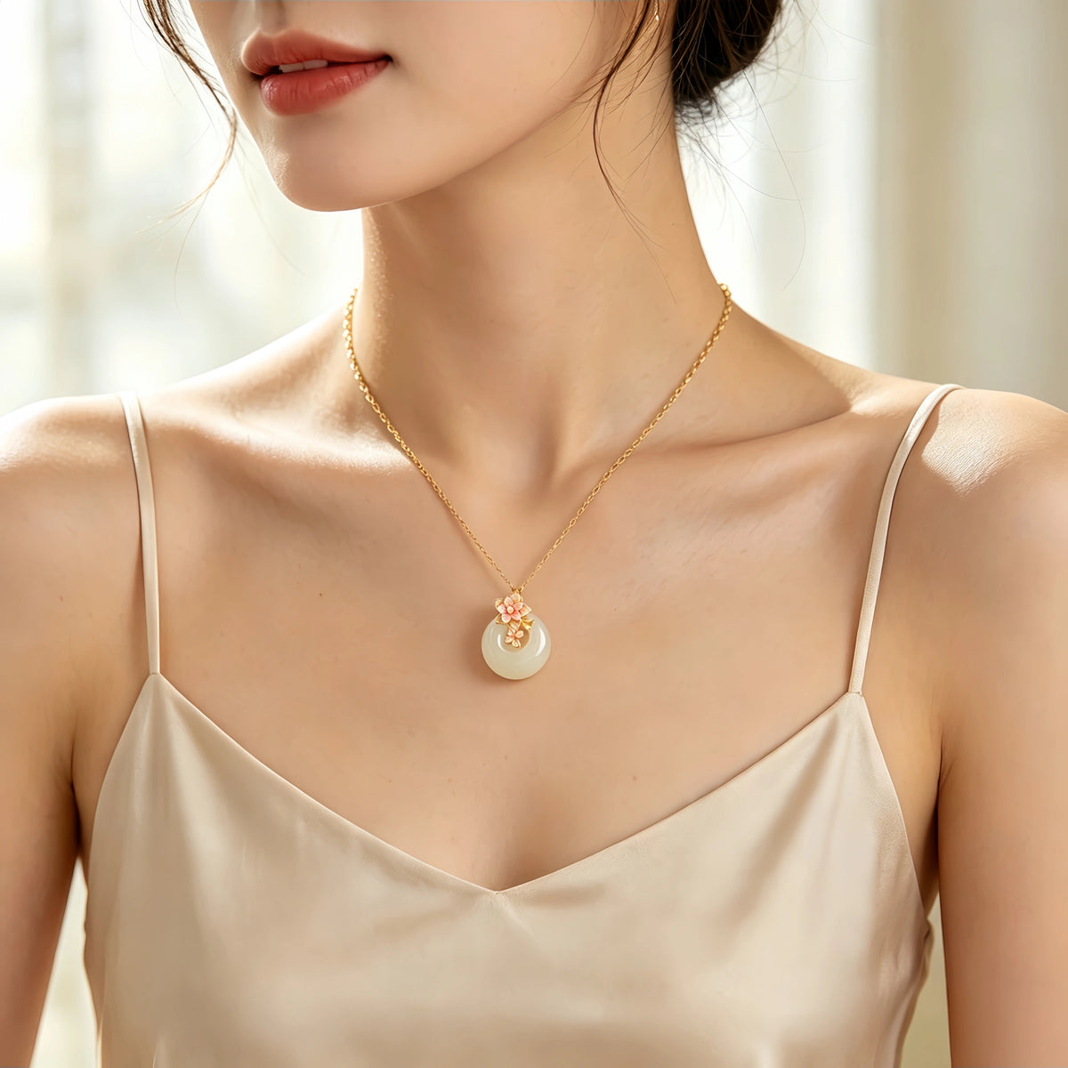 Hetian Jade Floral Donut Necklace - Peace Charm with Floral Motif